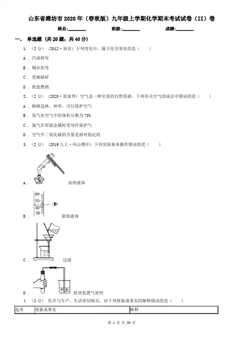 山东省潍坊市2020年(春秋版)九年级上学期化学期末考试试卷(II)卷