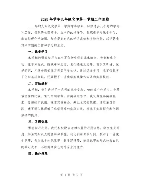 2025年学年九年级化学第一学期工作总结（五篇）