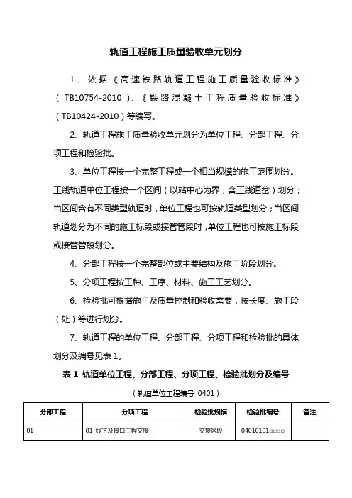 轨道工程施工质量验收单元划分及编号