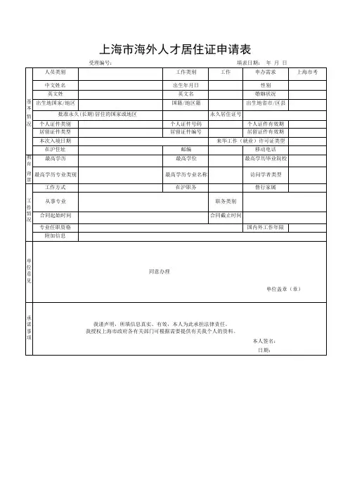 上海市海外人才居住证申请表及填写模板(最新)