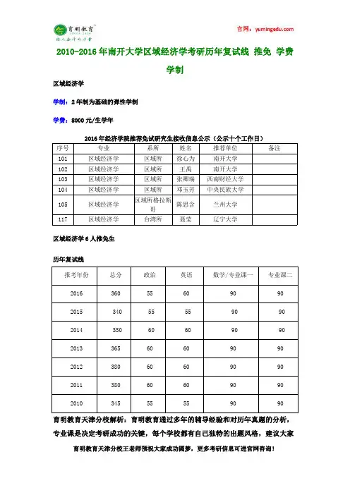 2010-2016年南开大学区域经济学考研历年复试线 推免 学费 学制