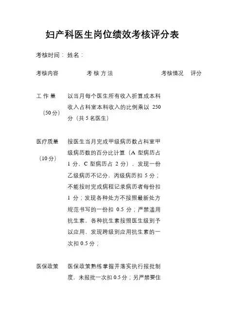 妇产科医生岗位绩效考核评分表