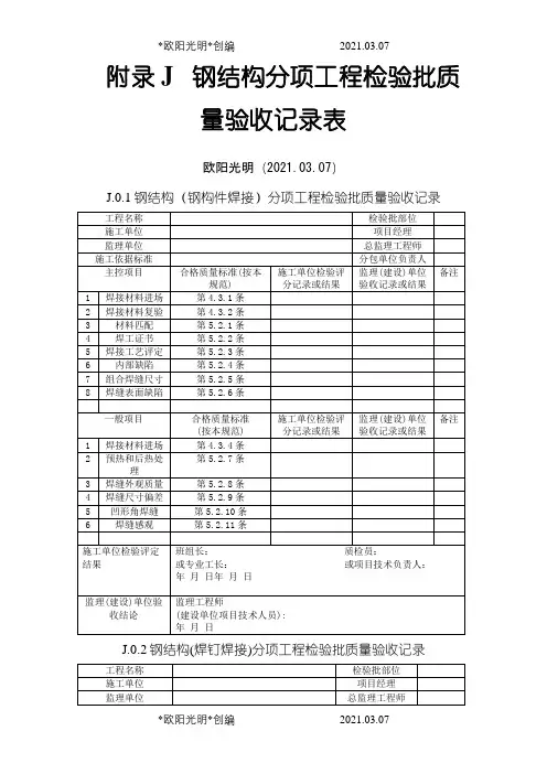 2021年钢结构结构施工质量验收规范GB50205-验收表格