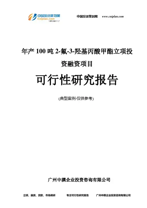年产100吨2-氟-3-羟基丙酸甲酯融资投资立项项目可行性研究报告(中撰咨询)