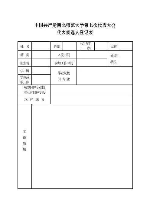 中国共产党西北师范大学第七次代表大会代表候选人登记表【模板】
