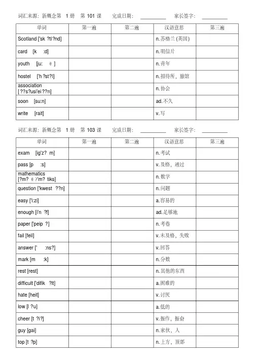新概念英语第1册单词默写表格101-144