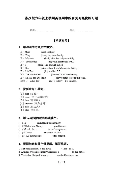 湘少版六年级上学期英语期中综合复习强化练习题