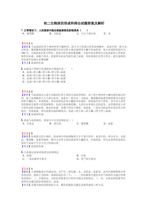 初二生物尿的形成和排出试题答案及解析
