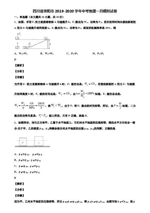 四川省资阳市2019-2020学年中考物理一月模拟试卷含解析