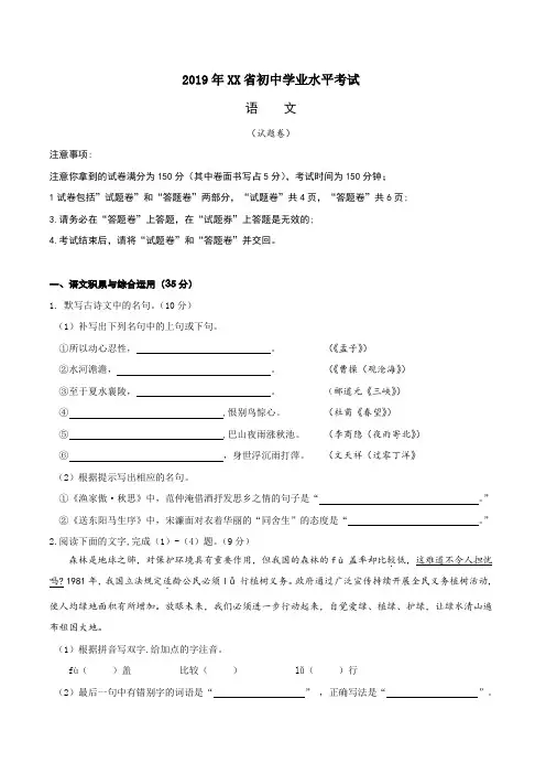 2019中考语文试题(word版,含答案)