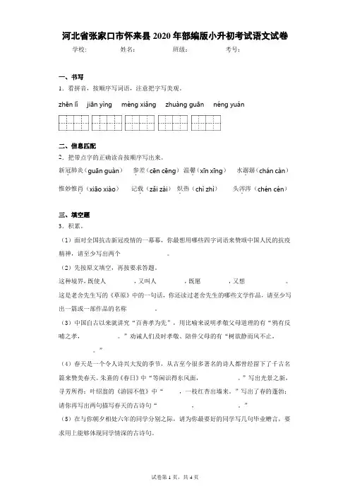 河北省张家口市怀来县2020年部编版小升初考试语文试卷(含答案解析)