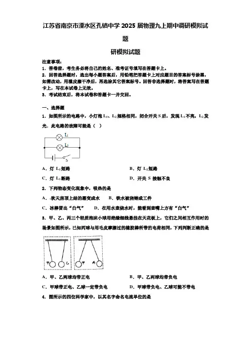 江苏省南京市溧水区孔镇中学2025届物理九上期中调研模拟试题含解析