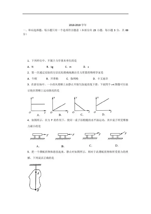 江苏省徐州市2019年高中学业水平测试(必修科目)抽测物理试题 Word版含答案