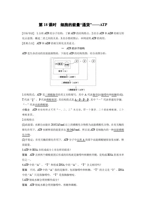 生物人教版必修1习题：5.2 细胞的能量“通货”——atp word版含解析