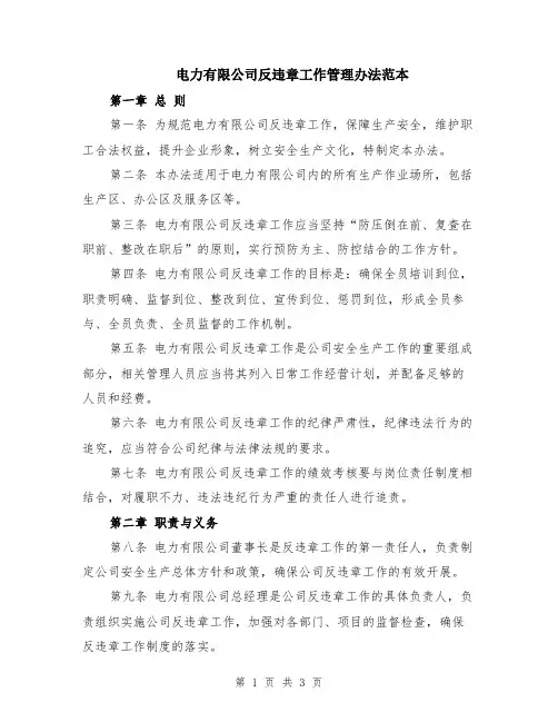 电力有限公司反违章工作管理办法范本