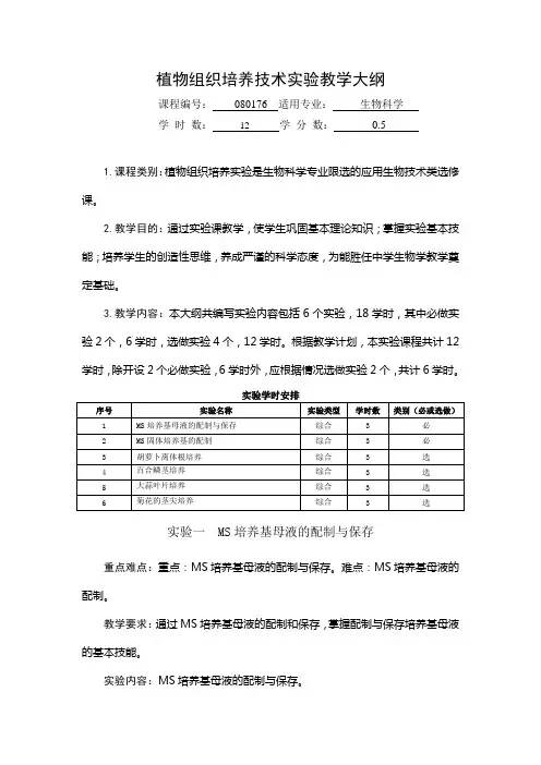 植物组织培养技术实验教学大纲