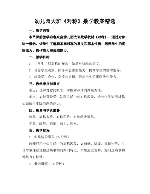 幼儿园大班《对称》数学教案精选