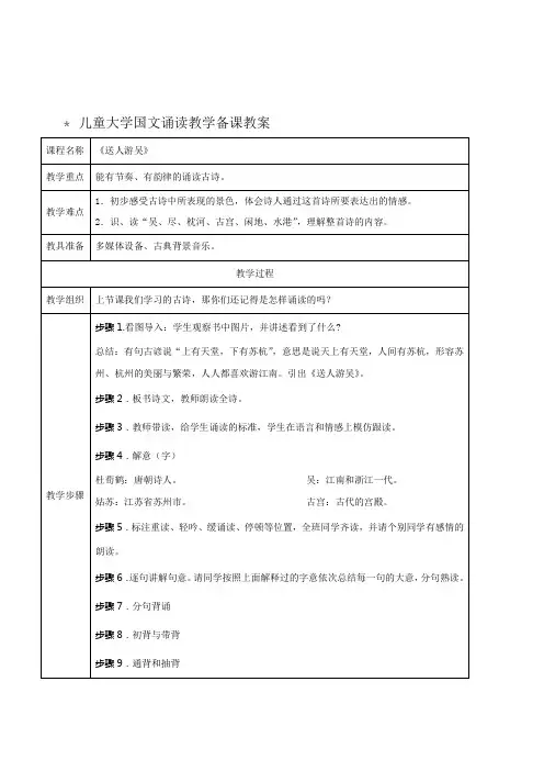 名牌小学国学经典国文诵读《送人游吴》校本课程表格式教案