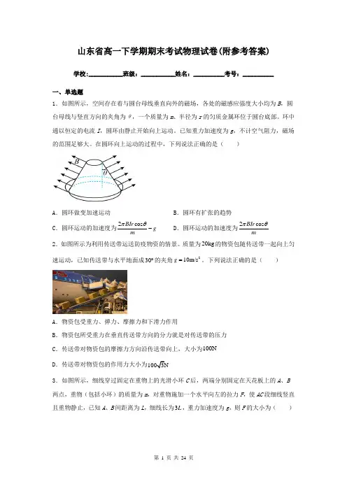山东省高一下学期期末考试物理试卷(附参考答案)