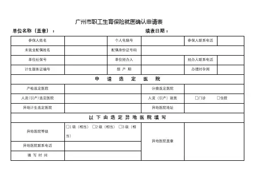 广州市职工生育保险就医确认申请表【模板】