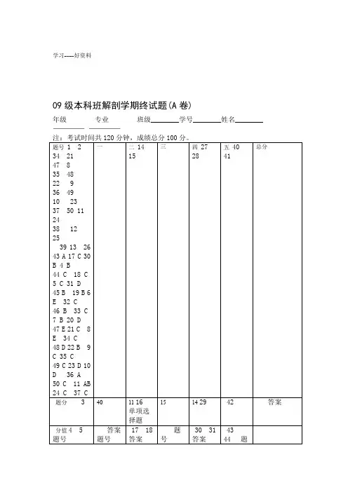 解剖学期末考试试题及参考答案汇编