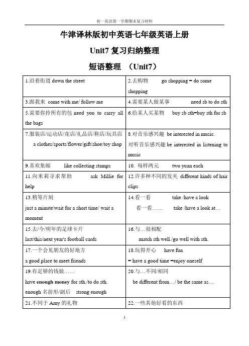 牛津译林版初中英语七年级英语上册Unit7复习归纳整理