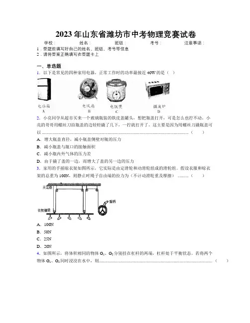 2023年山东省潍坊市中考物理竞赛试卷及解析