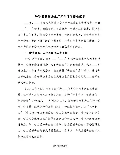2023医院安全生产工作计划标准范本(5篇)