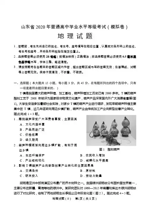 山东省2020年普通高中学业水平等级考试(模拟卷)地 理 试 题