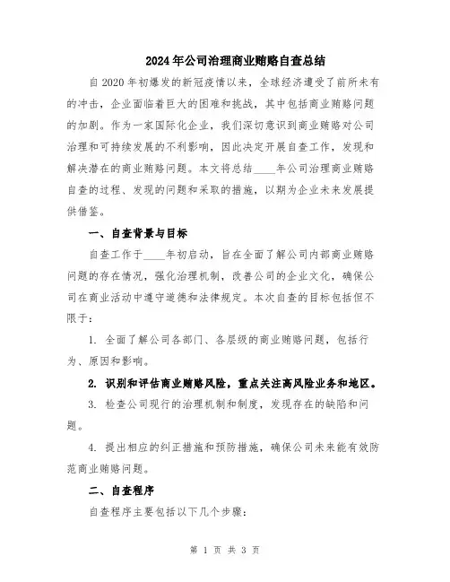 2024年公司治理商业贿赂自查总结