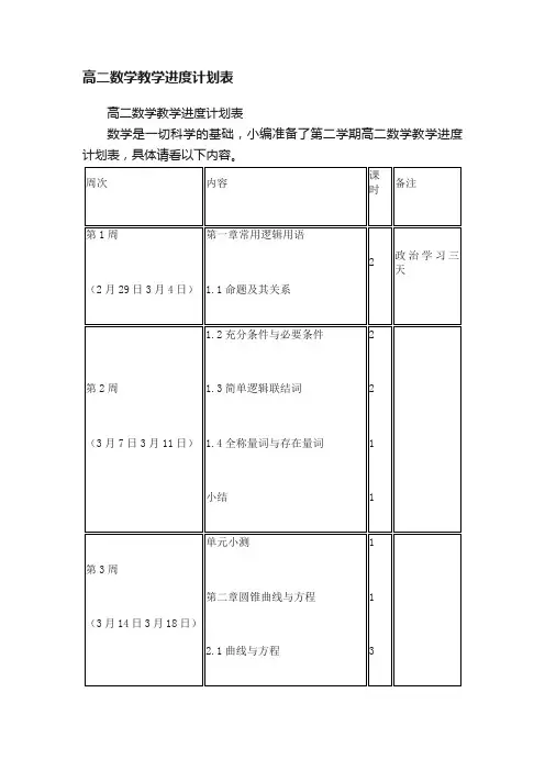 高二数学教学进度计划表