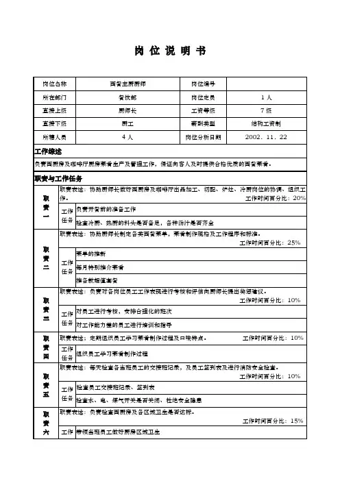西餐主厨厨师员工岗位说明书.doc