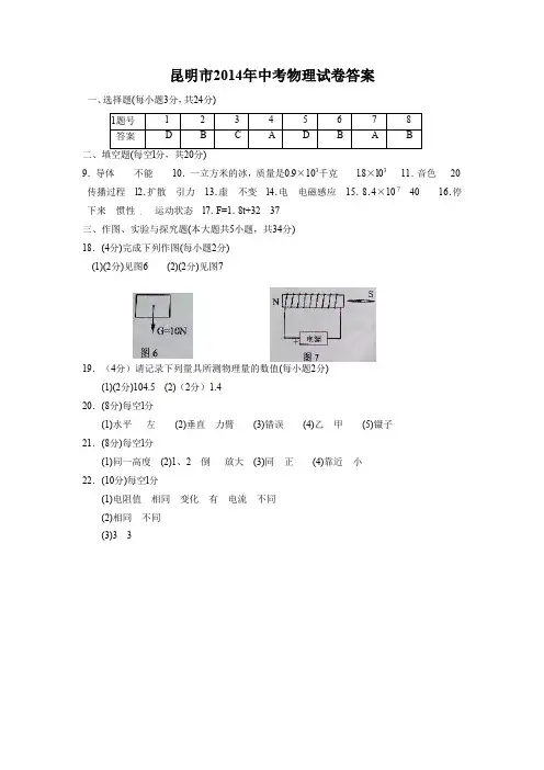 2020年最新整理昆明市2014年中考物理试卷答案