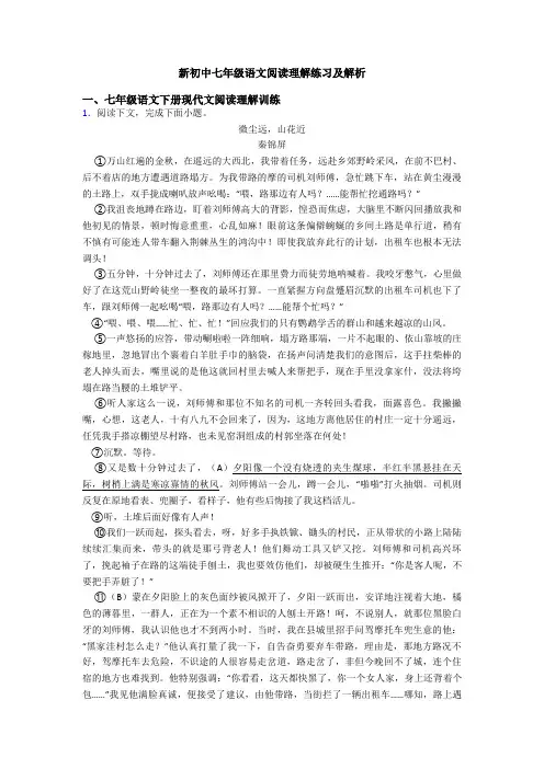 新初中七年级语文阅读理解练习及解析