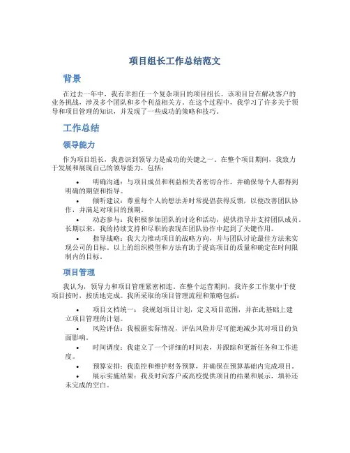项目组长工作总结范文