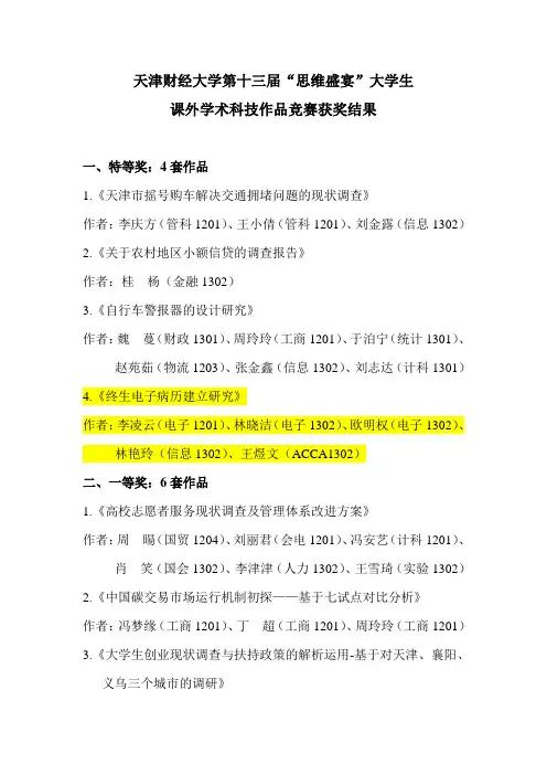 天津财经大学第十三届思维盛宴获奖结果