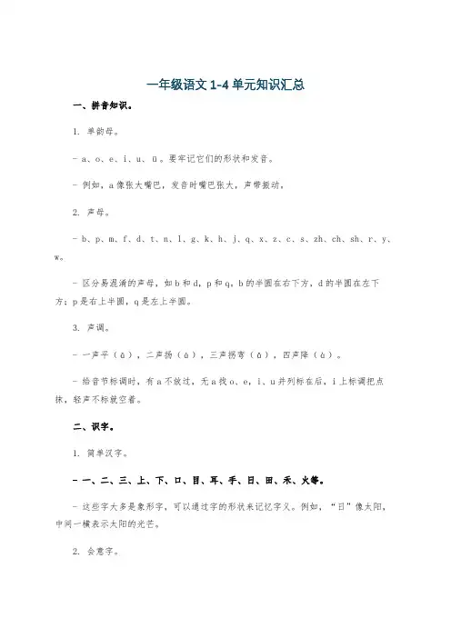 一年级语文1-4单元知识汇总