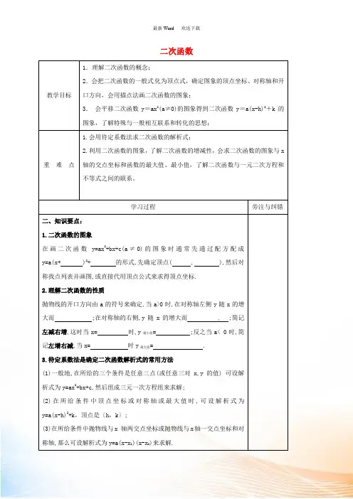 江苏省徐州市铜山县九年级数学下册 第5章 二次函数复习教案 (新版)苏科版