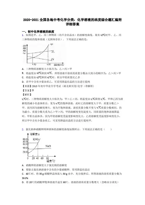 2020-2021全国各地中考化学分类：化学溶液的浓度综合题汇编附详细答案