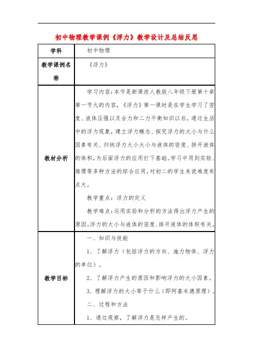 初中物理教学课例《浮力》教学设计及总结反思