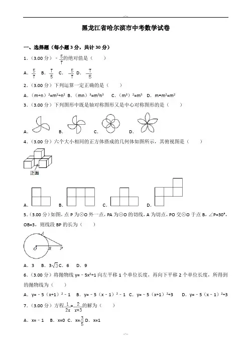 2020届哈尔滨市中考数学模拟试卷(有答案)(Word版) (2)