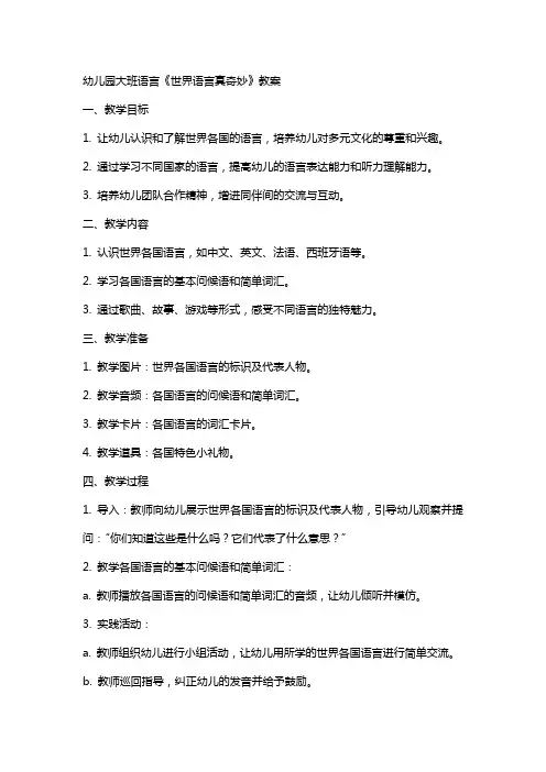 幼儿园大班语言《世界语言真奇妙》教案