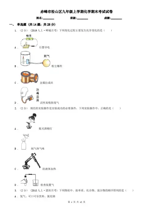 赤峰市松山区九年级上学期化学期末考试试卷