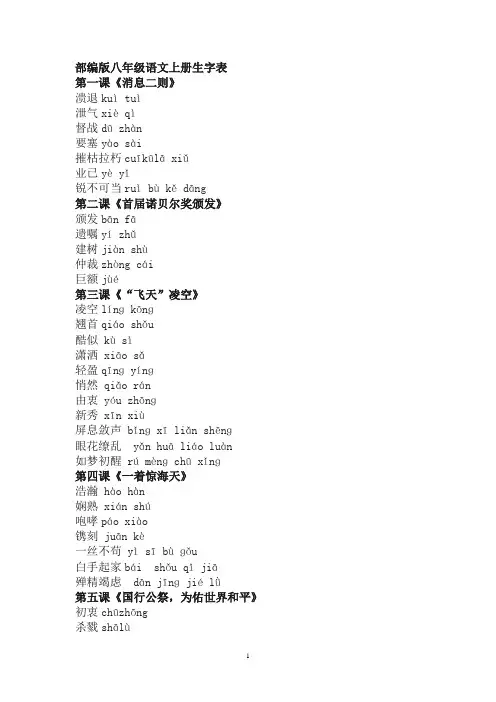 8年级语文上册生字表可打印