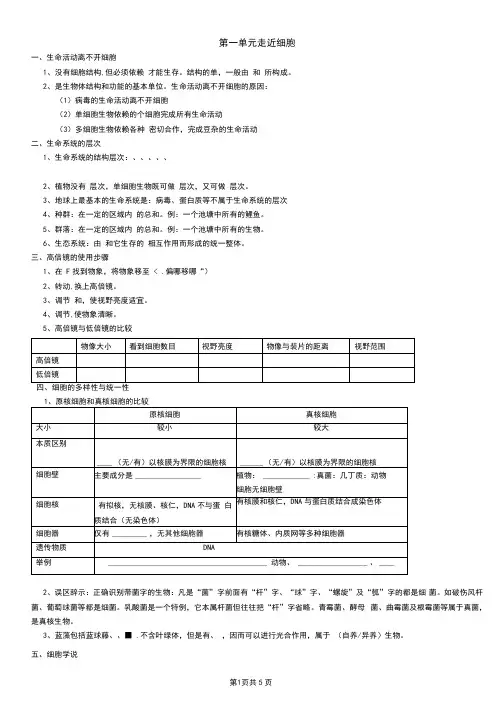 专题1细胞的分子组成和结构-高考必修知识点归纳(默写版)