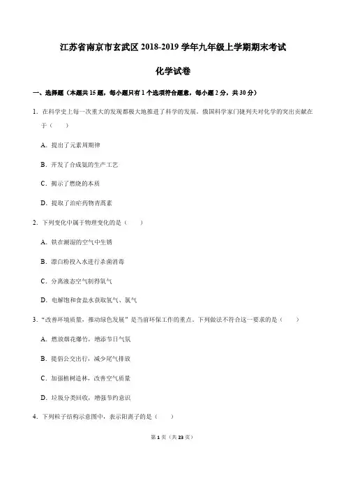 江苏省南京市玄武区2018-2019学年九年级上学期期末考试化学试卷(解析版)