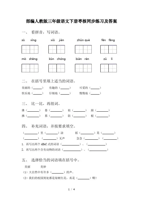 部编人教版三年级语文下册枣核同步练习及答案