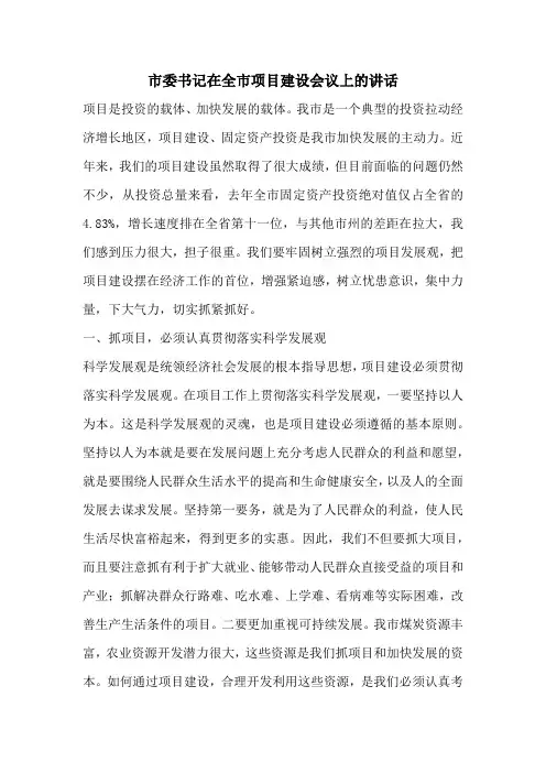 市委书记在全市项目建设会议上的讲话