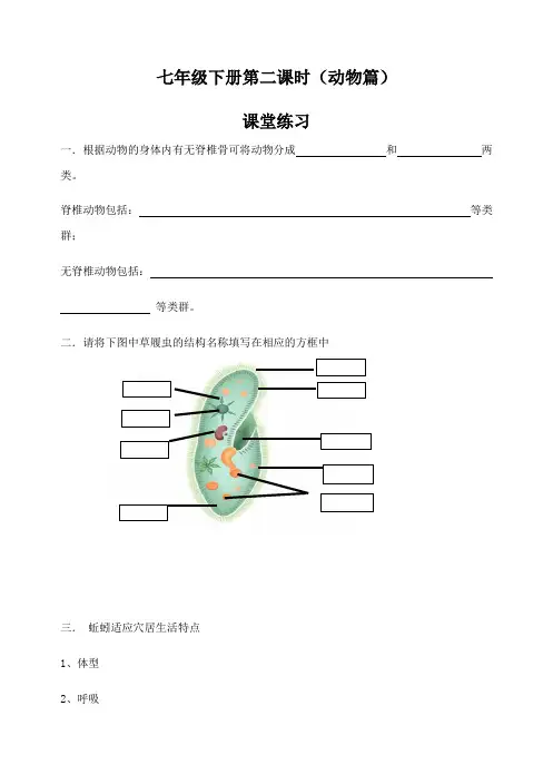 2020年生物中考复习导学案设计 苏科版七年级下册《动物篇》课堂练习+课后练习(word版,有答案)