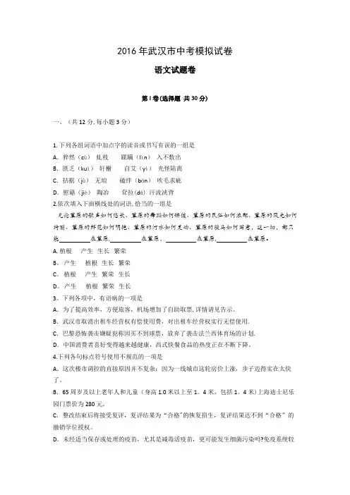 2016年武汉市中考模拟试卷